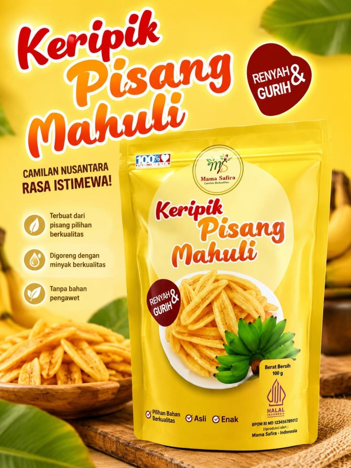 keripik pisang mahuli  3 varian rasa pedas,asin,Manis
